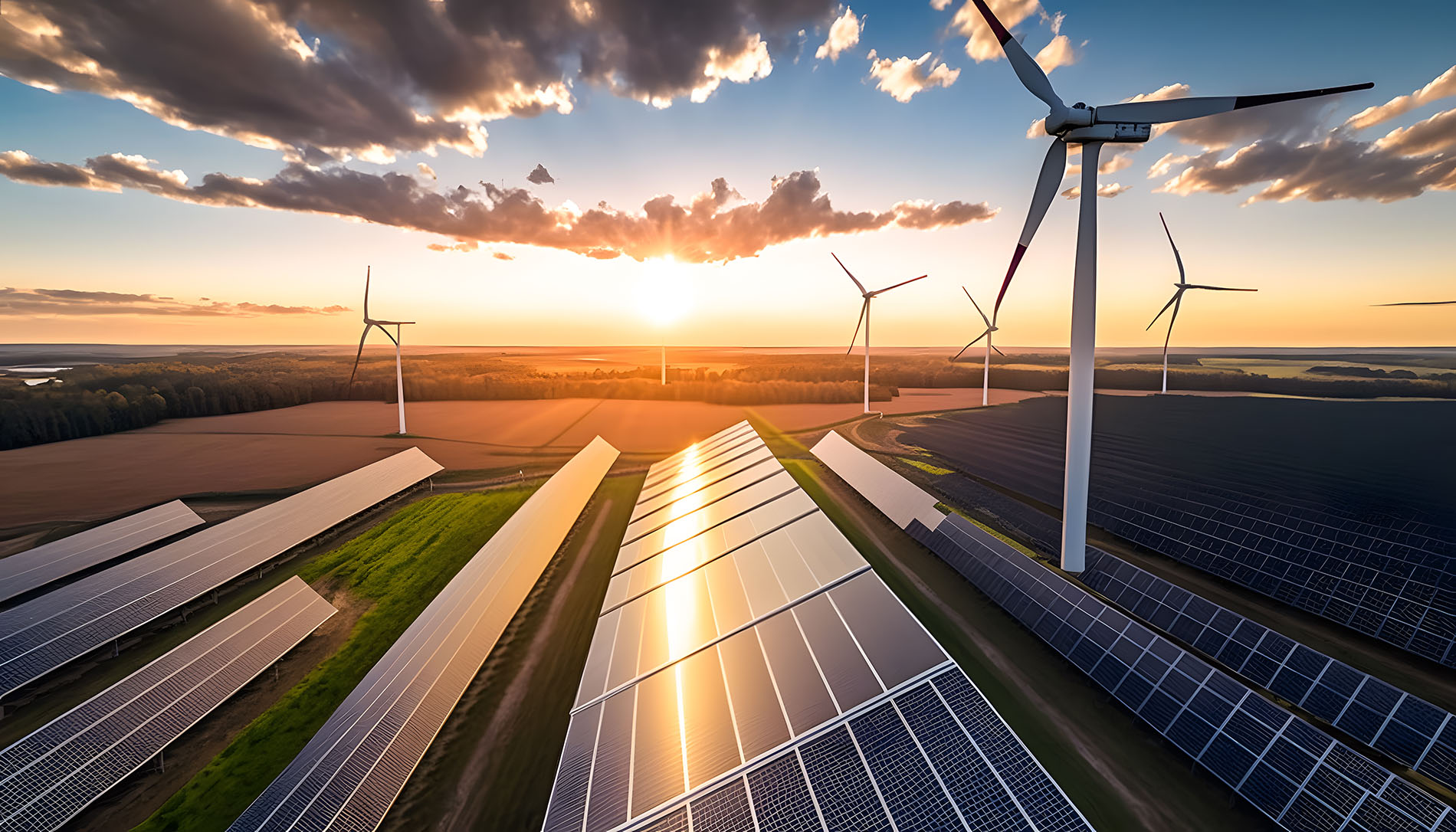 Modern Wind turbines and solar panels sunset light. Concept eco green renewable energy. Generation AI India’s Energy Balancing Act: Relief at the Pump, Pressure on Margins, and a Long-Term Reset